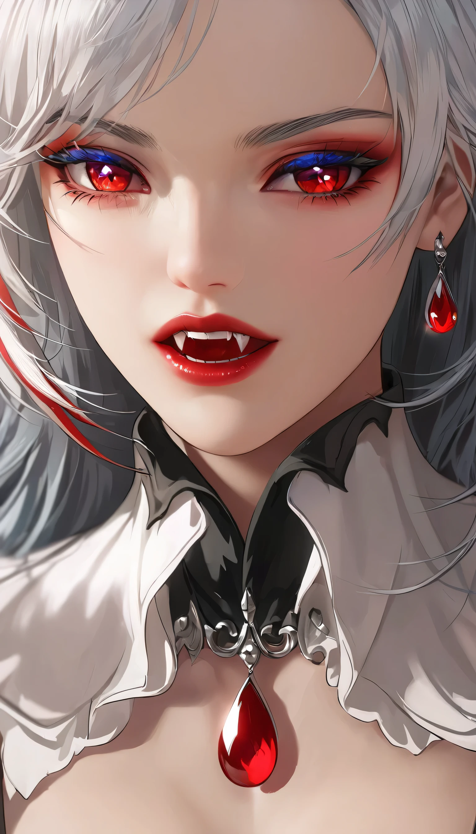 a portrait of vampire with a bloody tear coming down from he eye, an exotic beautiful female vampire, white hair color, dynamic hair style, ultra detailed face, best detailed face, silver eye color, ((1single red teardrop: 1.3)), ((tear drop made from blood)), ((teardrop coming down from the eye: 1.3)), there is a blue streak in the hair, vampire teeth, small cleavage, wearing two black diamond earrings, Ultra-high resolution, High Contrast, (masterpiece:1.5), highest quality, Best aesthetics), 16K fantasy art, best details, best quality, highres, (ultra wide angle: 1.2), 16k, [ultra detailed], masterpiece, best quality, (extremely detailed), ladyshadow, magical sky, crying style, vampire teeth