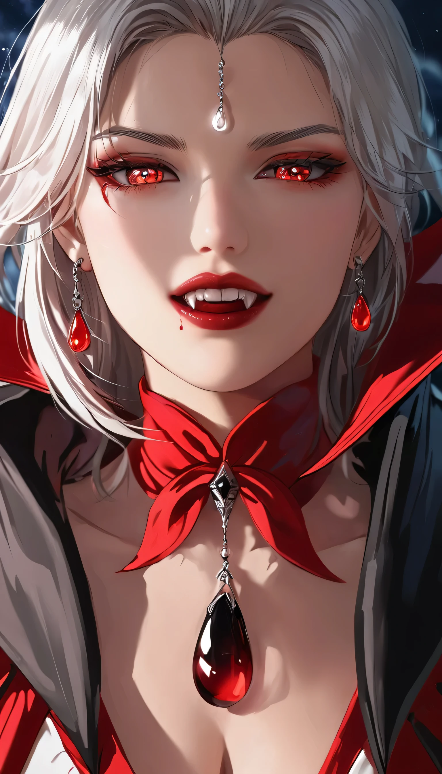 a portrait of vampire with a bloody tear coming down from he eye, an exotic beautiful female vampire, white hair color, dynamic hair style, ultra detailed face, best detailed face, silver eye color, ((1single red teardrop: 1.3)), ((tear drop made from blood)), ((teardrop coming down from the eye: 1.3)), there is a blue streak in the hair, vampire teeth, small cleavage, wearing two black diamond earrings, Ultra-high resolution, High Contrast, (masterpiece:1.5), highest quality, Best aesthetics), 16K fantasy art, best details, best quality, highres, (ultra wide angle: 1.2), 16k, [ultra detailed], masterpiece, best quality, (extremely detailed), ladyshadow, magical sky, crying style, vampire teeth