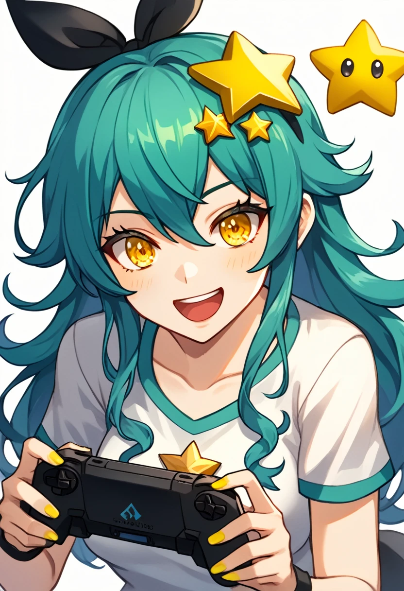 Girl with long dark turquoise hair, yellow eyes, yellow star pin in her head, playing videogames