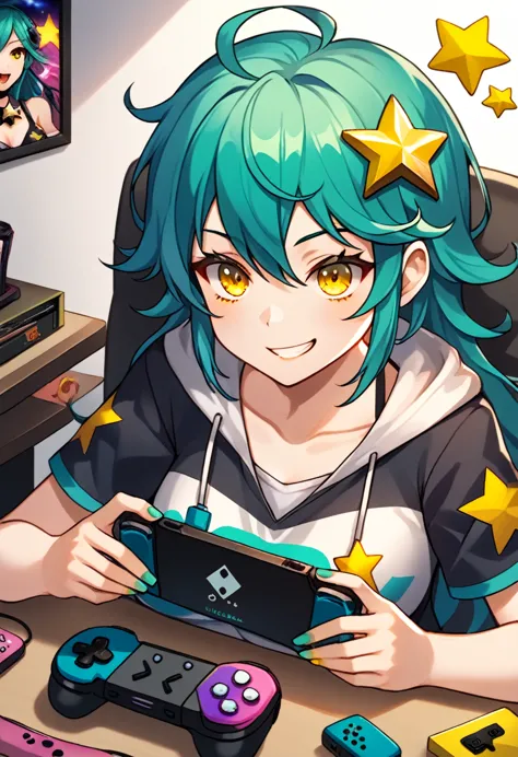 girl with long dark turquoise hair, yellow eyes, yellow star pin in her head, playing videogames