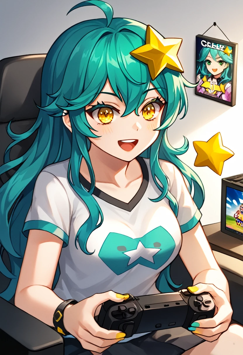 Girl with long dark turquoise hair, yellow eyes, yellow star pin in her head, playing videogames