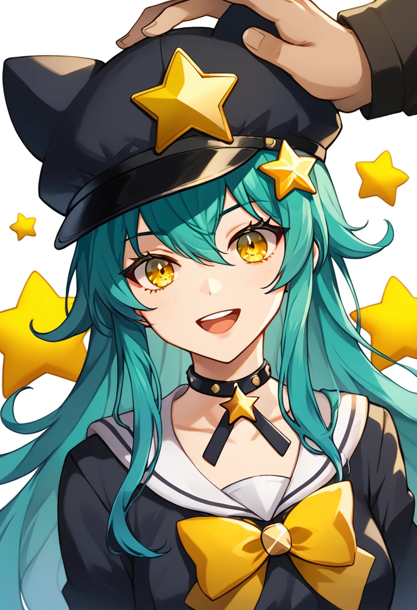 Girl with long dark turquoise hair, yellow eyes, yellow star pin in her head with a twin