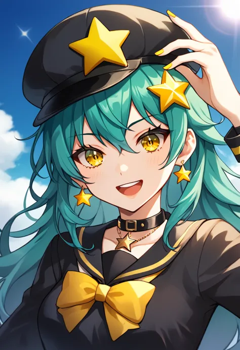 girl with long dark turquoise hair, yellow eyes, yellow star pin in her head with a twin