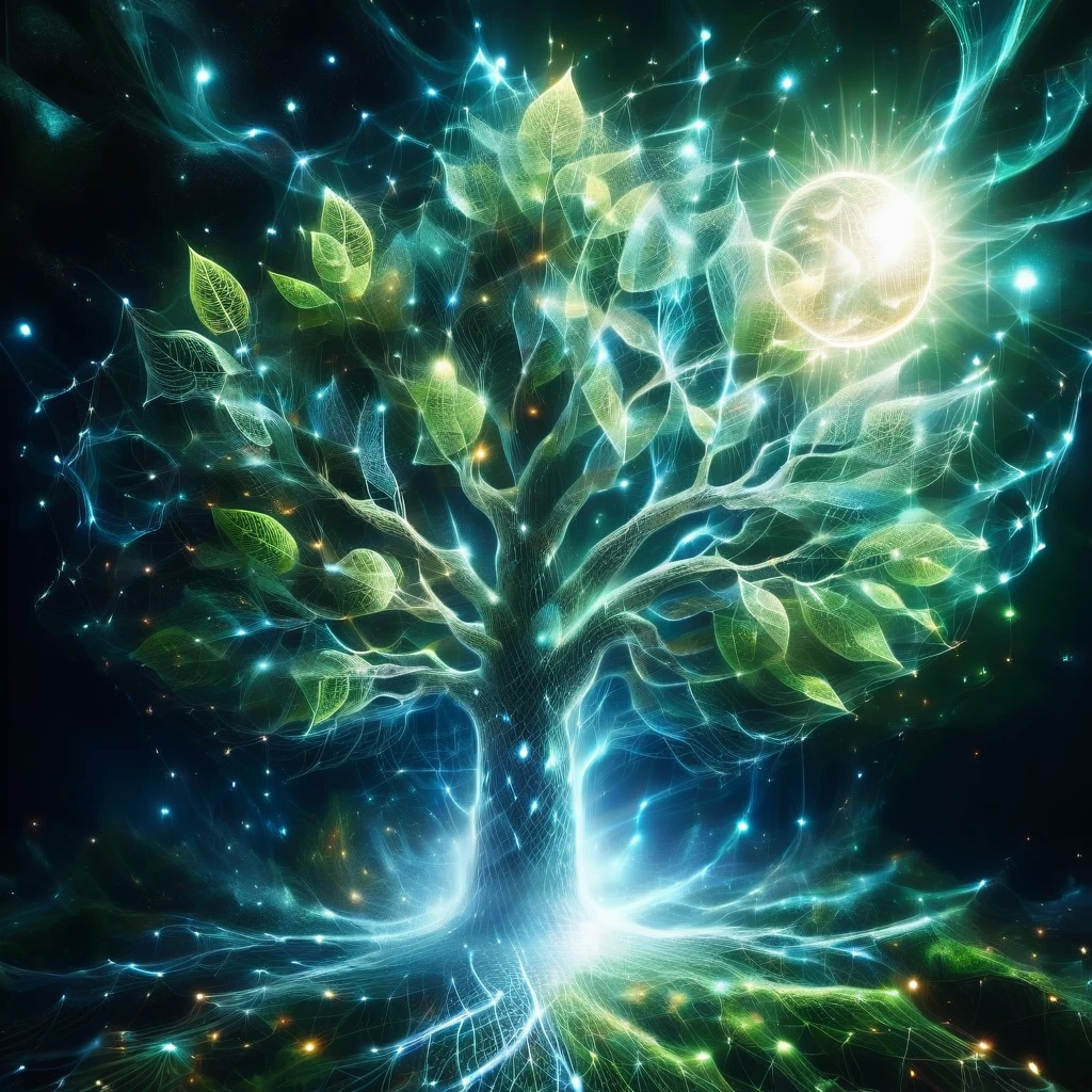 A painting of a tree with the sun and the moon in the background, Cosmic Tree of life, Cosmic Tree, the world Tree, tree of Life seed of doubt, world Tree, tree of Life, Magic Tree, Magic Tree, the tree of Life, Fractal Thunder - Dan Mumford, Fantasy tree, mystical landscapes, Art, Yggdrasil. Representatives of the four elements of nature.