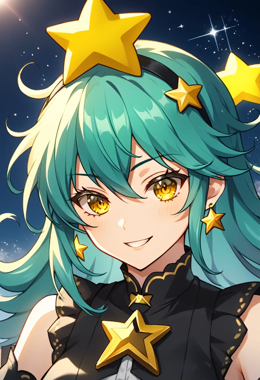 Girl with long dark turquoise hair, yellow eyes, yellow star pin in her head, japanese