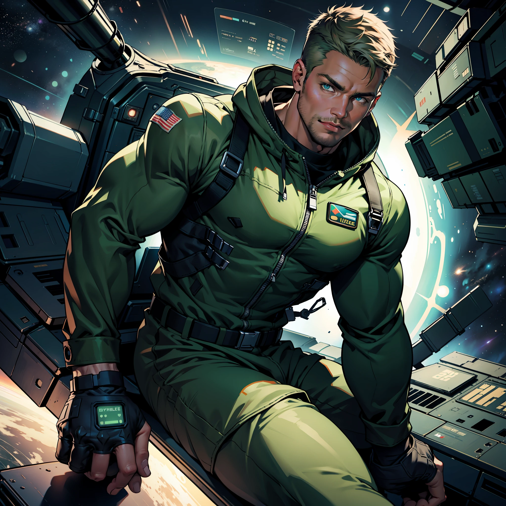 32k,masterpiece, best quality, detailed face, natural eyes,1man, solo mature man, muscled and mature, stephen amell as an astronaut wearing future space suit, dark green suit, showing muscles and bulge ,floating in the space inside a space shuttle , with "arrow" text and logo on his suit ,  full body, intricate Detailed background , volumetric lighting 