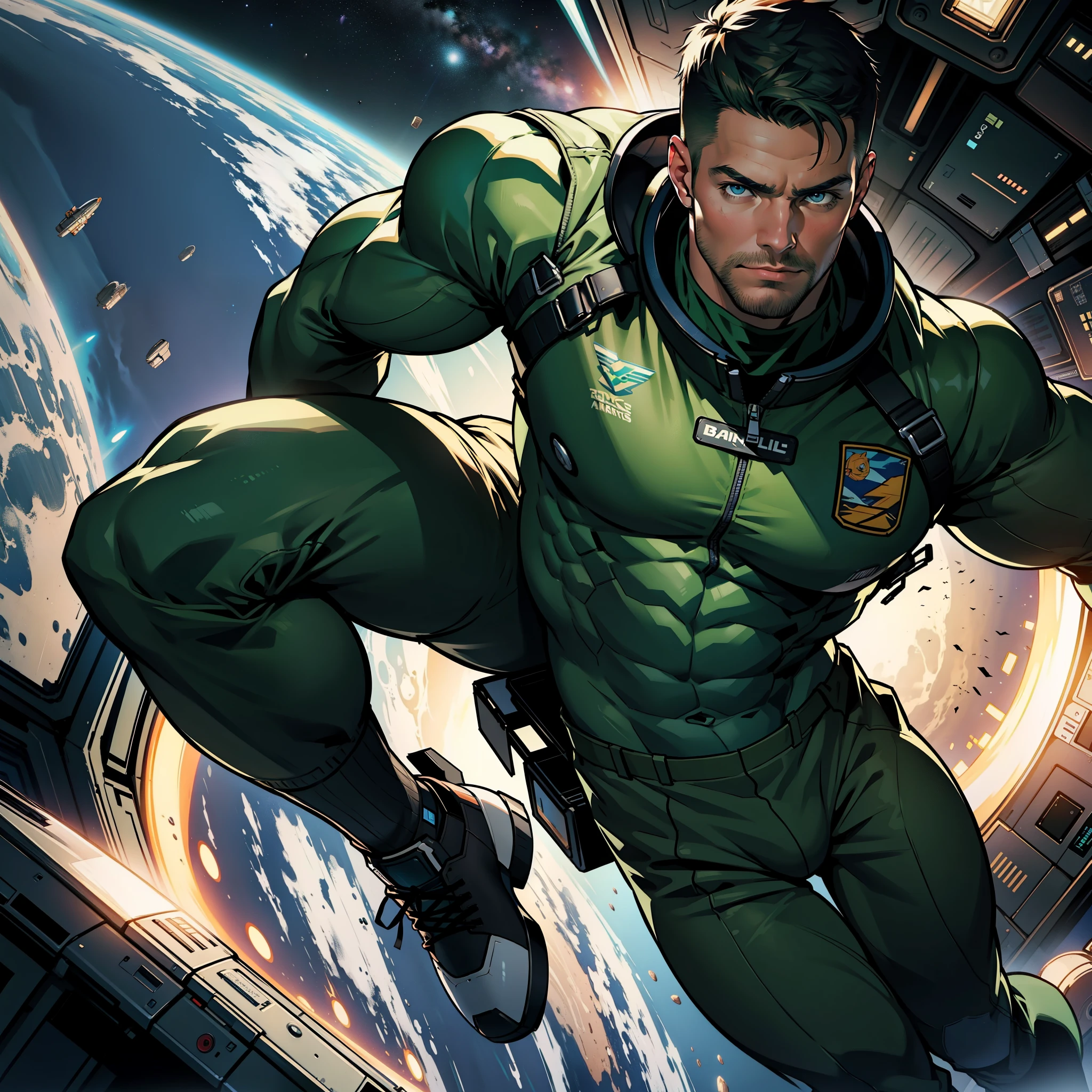 32k,masterpiece, best quality, detailed face, natural eyes,1man, solo mature man, muscled and mature, stephen amell as an astronaut wearing future space suit, dark green suit, showing muscles and bulge ,floating in the space inside a space shuttle , with "arrow" text and logo on his suit ,  full body, intricate Detailed background , volumetric lighting 