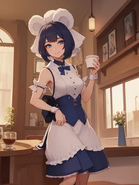 a female anthro schnauzer with blue eyes, wearing a dress, hair ribbon, and skirt in a coffee shop, cute and smiling, highly det...