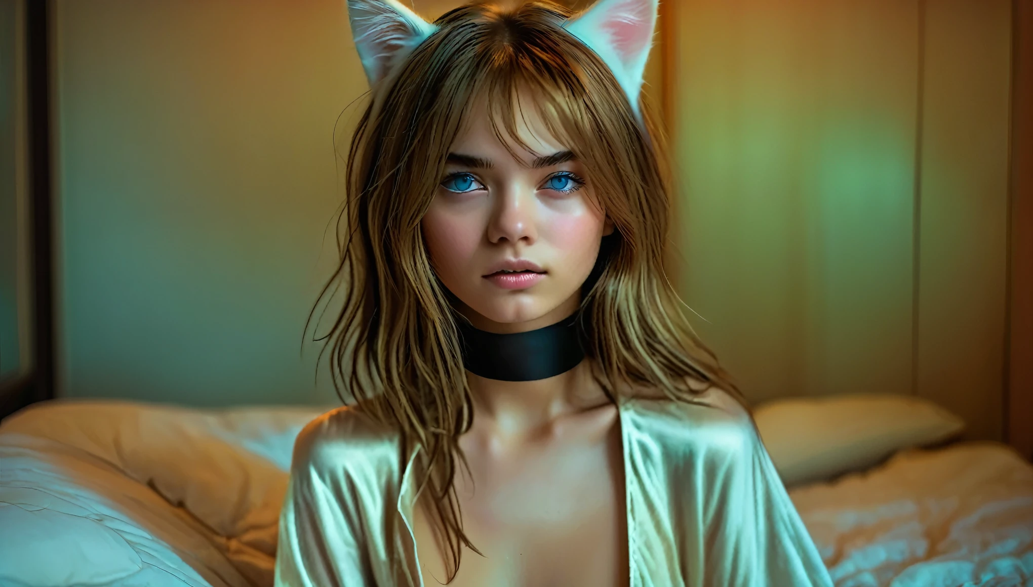 ((((barely legal girl, with cat ears and choker, in an oversized silky tank shirt with plunging cleavage, short sleeves)))), ((small perky breasts, beautiful detailed eyes, beautiful detailed lips, small closed mouth, extremely detailed face, pale skin, random long hairstyle, small hips, sitting on a bed with silk sheets, fear on the face)), moody atmosphere, dramatic and random colors, futuristic setting, intricate details, night, backlight, full body shot, view from a distance, random pose