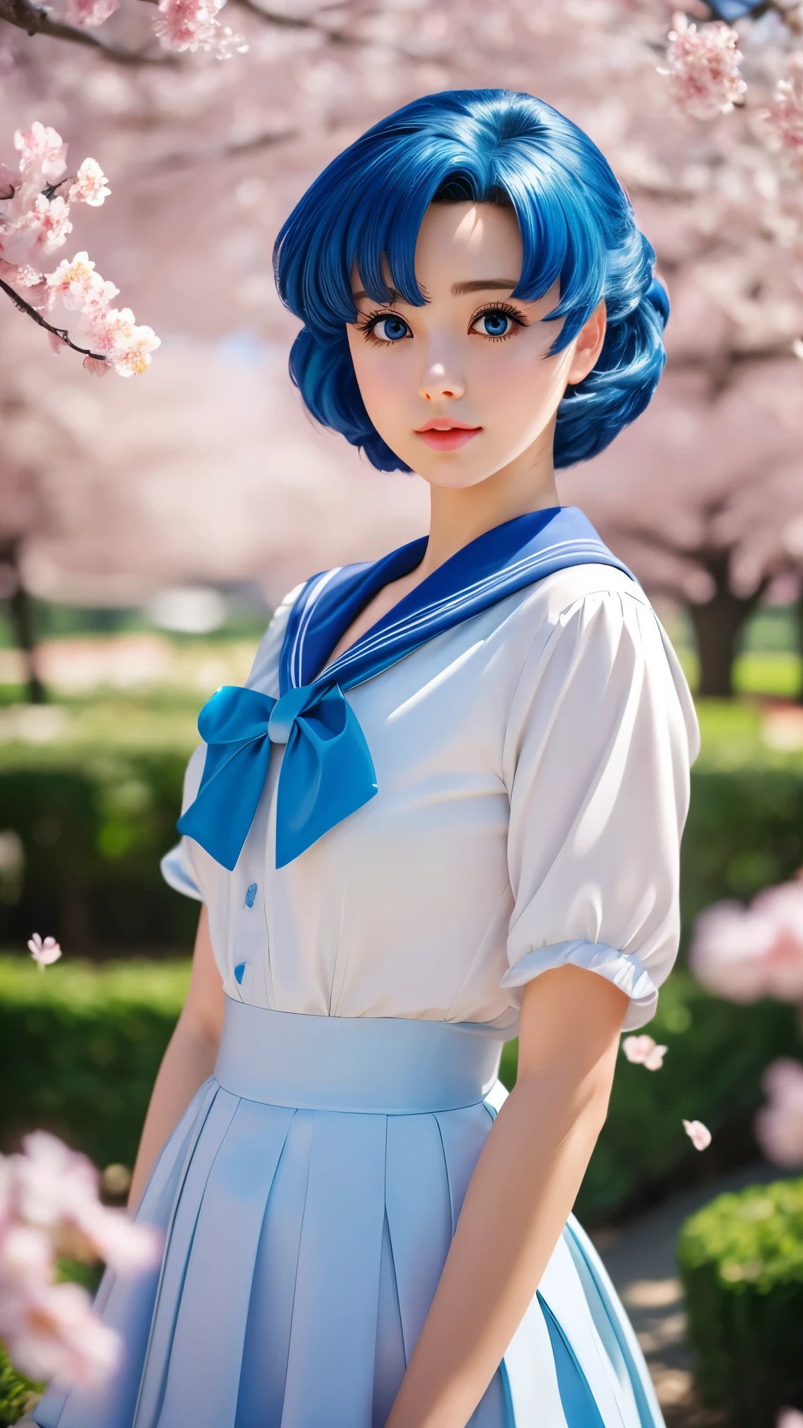 a beautiful young girl with blue bob hair, stunning blue eyes, delicate facial features, wearing a cute school uniform, standing in a lush garden surrounded by cherry blossoms, (best quality,4k,8k,highres,masterpiece:1.2),ultra-detailed,(realistic,photorealistic,photo-realistic:1.37),intricate details,vibrant colors,soft lighting,cinematic composition,anime style,beautiful detailed eyes,beautiful detailed lips,extremely detailed eyes and face,longeyelashes,1girl, ami, sailor mercury