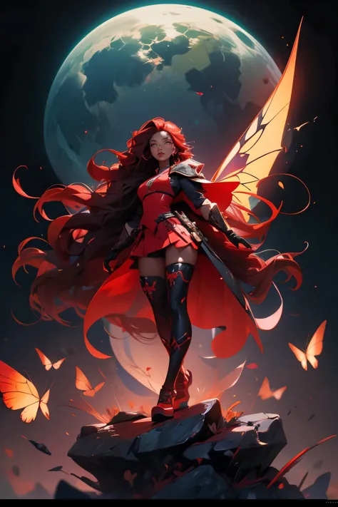 girl, (((black skin))), long hair, wavy red hair, red eyes, beautiful face, butterfly wings on the back, red wings, wearing rpg ...