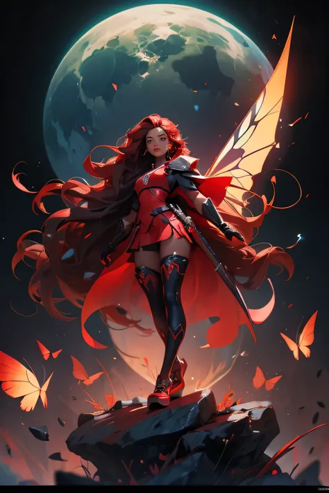 girl, (((black skin))), long hair, wavy red hair, red eyes, beautiful face, butterfly wings on the back, red wings, wearing rpg ...