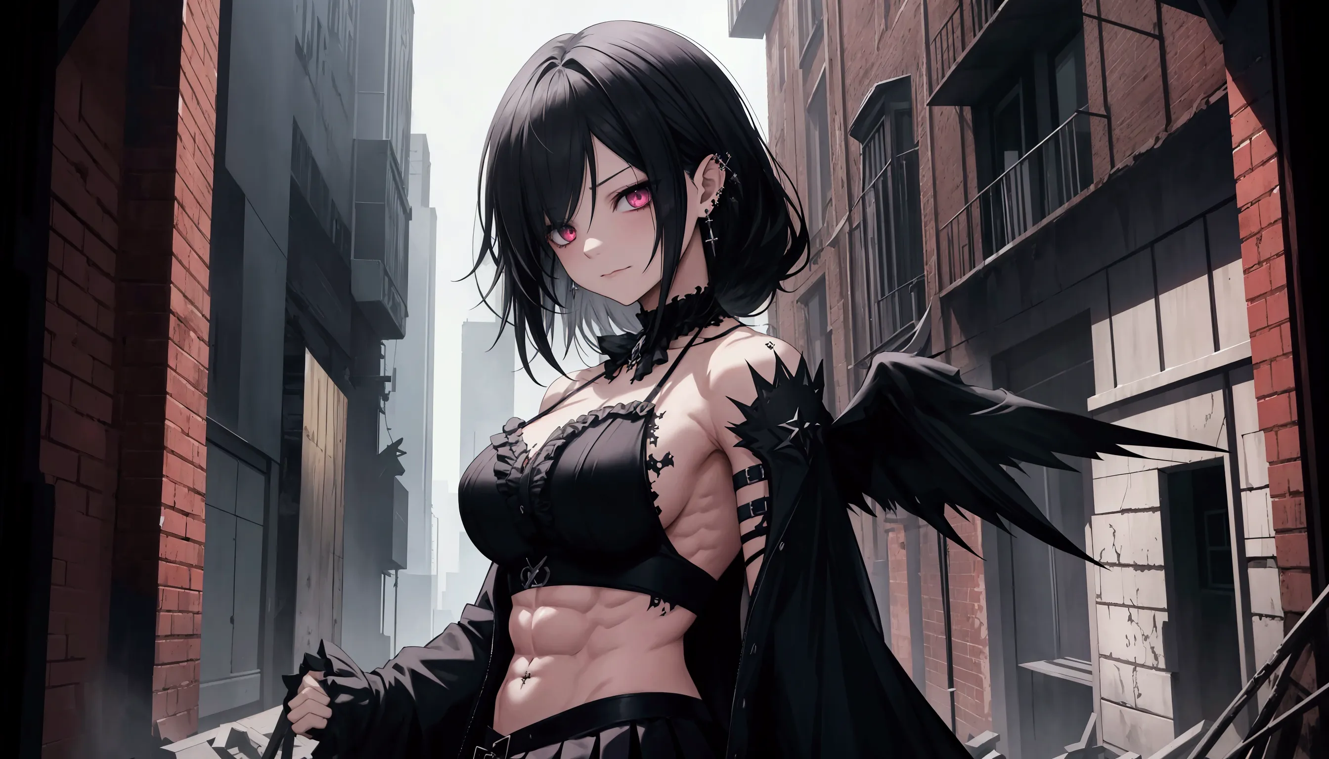 apocalypse, abandon buildings, black hair, gothic, peircing, beautiful、muscular、six pack abs、（frills、mini skirt、gothic clothes：1...