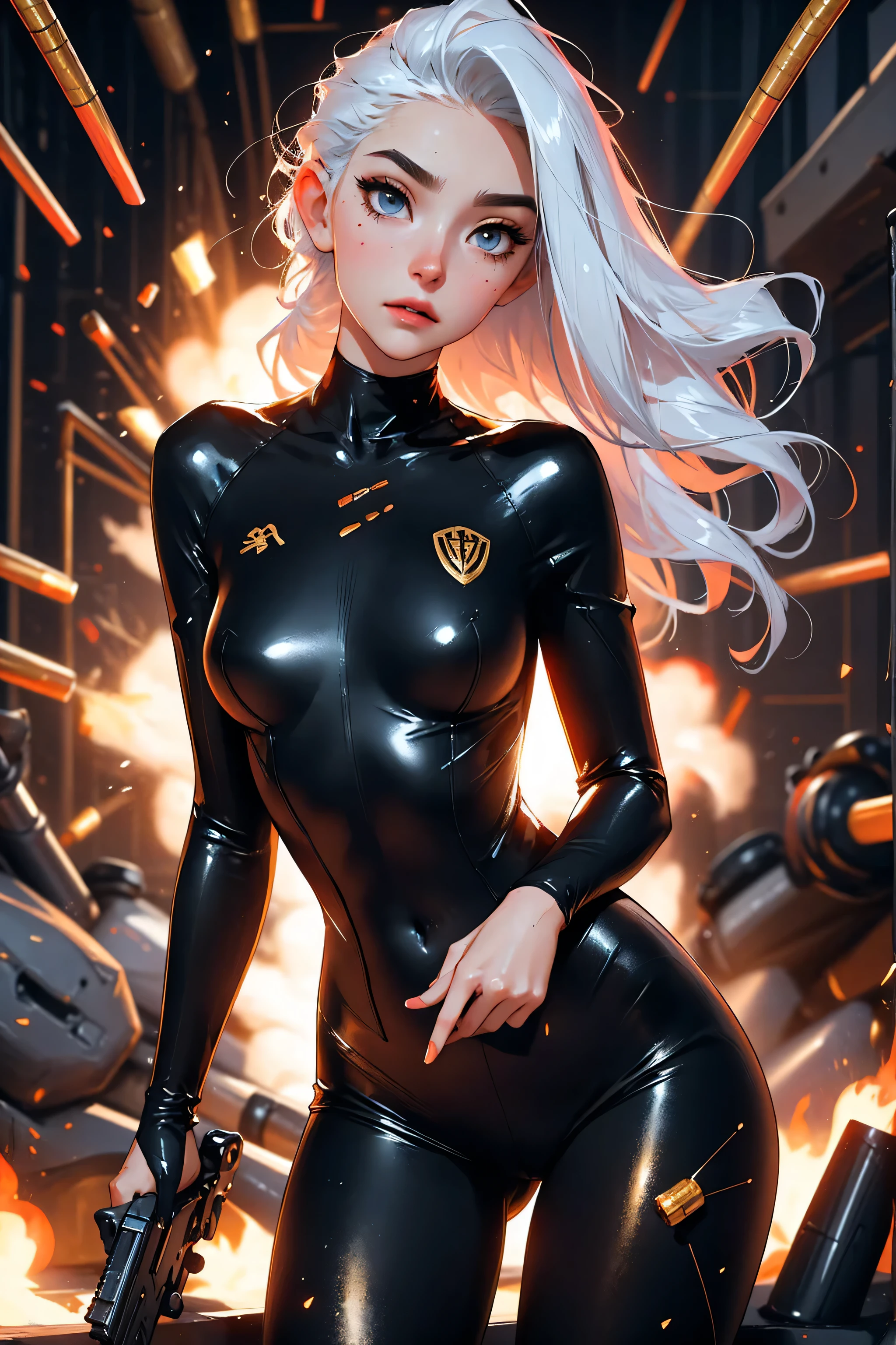 photorealistic, high resolution, 1 women, solo, hips_up, hips up, beautiful eyes,dark makeup, influencer, thot, blush,  look at viewer, close lips, detailed face, white hair, long hair,, , (black and gold bodysuit, futuristic), shiny skin, wet skin, slender body, dark makeup, abs, slender, hair pushed back in front, slim body, tsunami hair, ((firing,bullet,gun,light particles))
