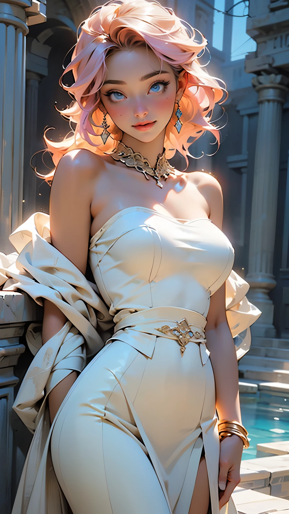 Greek goddess,sexy face,supernatural beauty,pink hair,long curly vibrant pink hair decorated with flowers,Her figure is extremely voluptuous,gigantic breasts,heavy breasts,fitness hip,

woman,1female,((milf,mom,mature,mature woman,4 female,adult)),

(large breasts:1.5),saggy breasts,colored inner hair,((blue_eyes:1.3)),intricate eyes,beautiful detailed eyes,symmetrical eyes,((((lustrous skin:1.5,bright skin: 1.5,skin tanned,shiny skin,very shiny skin,shiny body,illuminated skin,glossy skin,wet look skin,oily sheen,reflective skin,glistening skin)))),(spider lower abdomen,narrow waist,wide hip,bimbo body,inflated legs,thick thighs),(((detailed face))),

(cute,slutty,sensual,seductive look,seductive,((erotic)),((nsfw)),

(((Greek clothing,greek girl in greek toga,himation,greek dress,tiny loose dress,sheer dress,bare shoulders,bare neck,bare collarbone,thighs,golden greek jewelry,sleeveless,old Greek-style clothing,chiton,strapless))),queen,goddess,fantasy,revealing clothing,show skin,(white clothes),greek style,golden greek bracelets,white silk,((Transparent cloth:1.5)), ((((intricate outfit,intricate clothes)))),golden accessories,

(face up, looking at the sky),arrogant face,arrogant smile,(centered,scale to fit dimensions,Rule of thirds,cowboy shot),

(((beautiful bath house made of greek marble and pillars, beautiful clear water in pool))),scenery:1.25,(((intricate scenery))),(((greek temple background))),scenery background,

(Glossy greek ornaments),highres,sharp focus,(ultra detailed,extremely detailed),(photorealistic artwork:1.37),(extremely detailed CG unity 8k wallpaper),(((vibrant colors,vibrant theme))),(intricate,dramatic lighting,spotlight,backlighting),(masterpiece),(best quality),artistic photography,(photography taken by sldr),(intricate background),perfect rendered face,perfect face details,realistic face,photo realistic,((intricate detail)),(((realism))),Deep Colours,dark fantasy art,fantasy00d
