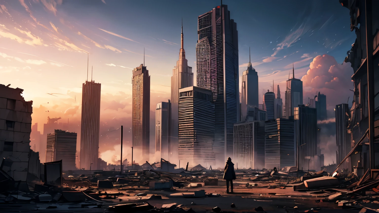 Digital artwork depicting a post-apocalyptic cityscape. The layout features a central figure standing amidst the ruins of a city, with tall, damaged skyscrapers on either side. The figure is silhouetted, wearing a long coat, and facing away from the viewer, looking towards a dramatic sky. The sky is filled with vibrant, swirling colors of blue, purple, and pink, with a large planet and bright light source dominating the upper center. The ground is littered with debris and smoke, adding to the chaotic atmosphere. The overall style is highly detailed and dynamic, with a strong sense of depth and scale.