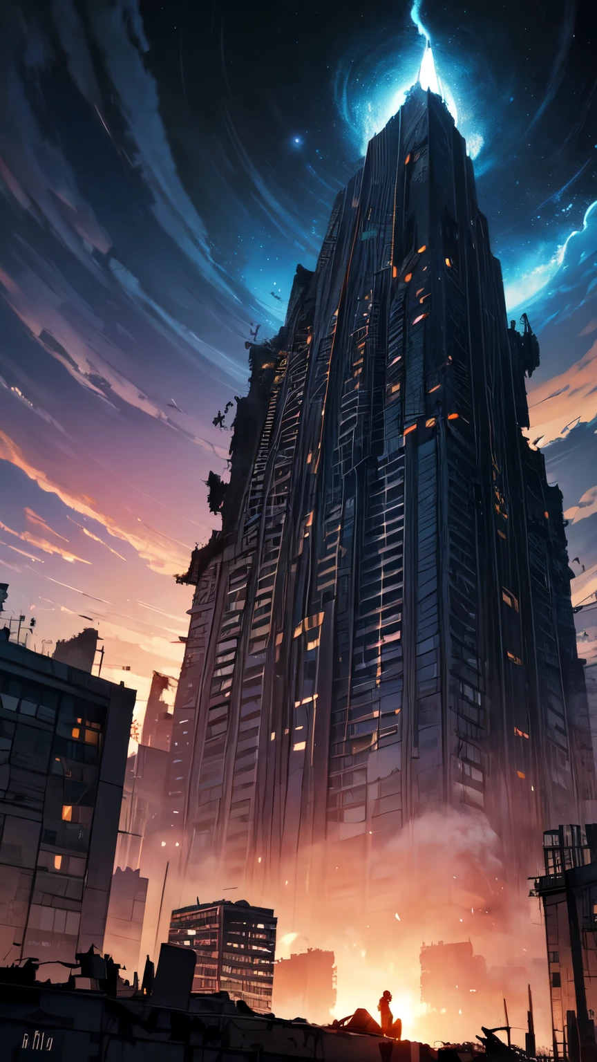 Digital artwork depicting a post-apocalyptic cityscape. The layout features a central figure standing amidst the ruins of a city, with tall, damaged skyscrapers on either side. The figure is silhouetted, wearing a long coat, and facing away from the viewer, looking towards a dramatic sky. The sky is filled with vibrant, swirling colors of blue, purple, and pink, with a large planet and bright light source dominating the upper center. The ground is littered with debris and smoke, adding to the chaotic atmosphere. The overall style is highly detailed and dynamic, with a strong sense of depth and scale.