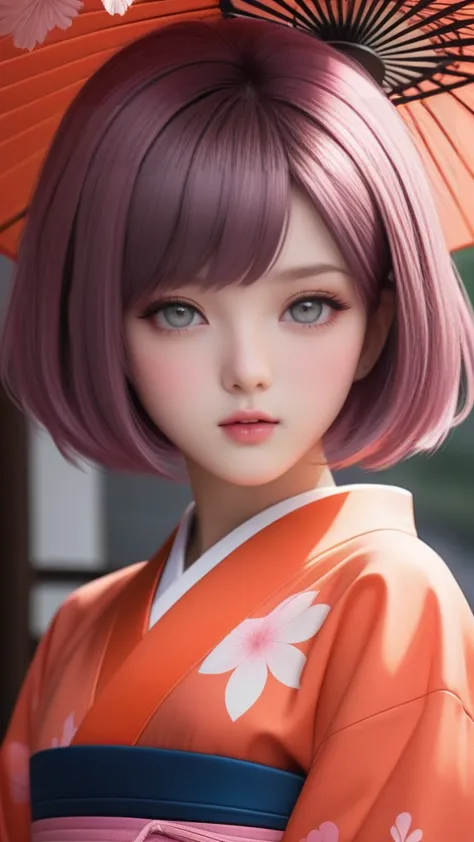 highest quality　masterpiece　high resolution　masterpiece　pink bob, grey eyes　blunt cut, japanese girl