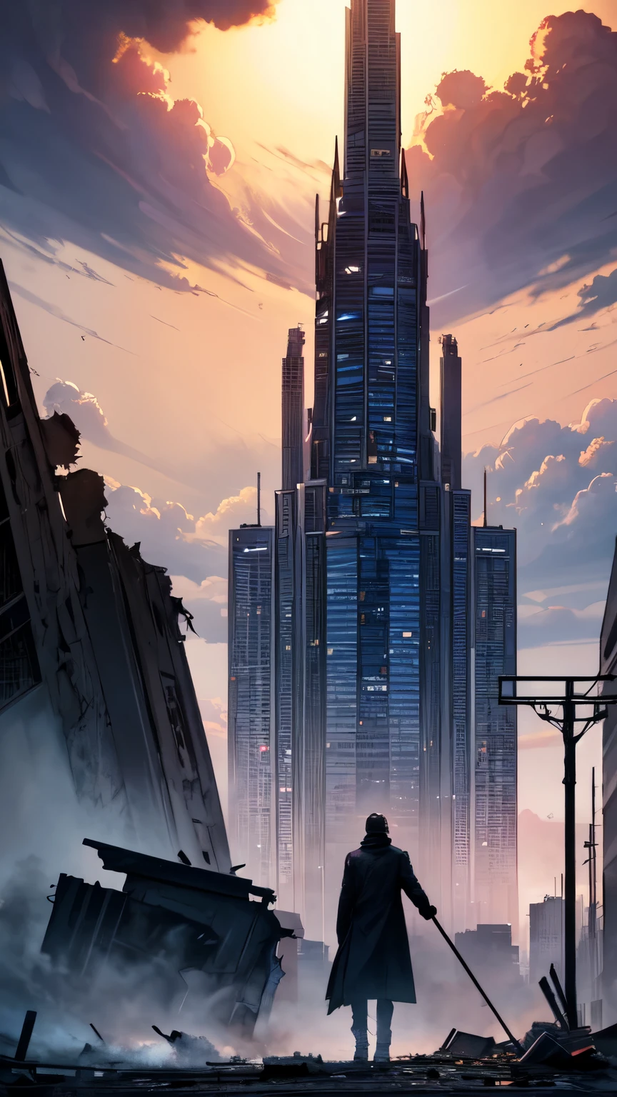 Digital artwork depicting a post-apocalyptic cityscape. The layout features a central figure standing amidst the ruins of a city, with tall, damaged skyscrapers on either side. The figure is silhouetted, wearing a long coat, and facing away from the viewer, looking towards a dramatic sky. The sky is filled with vibrant, swirling colors of blue, purple, and pink, with a large planet and bright light source dominating the upper center. The ground is littered with debris and smoke, adding to the chaotic atmosphere. The overall style is highly detailed and dynamic, with a strong sense of depth and scale.