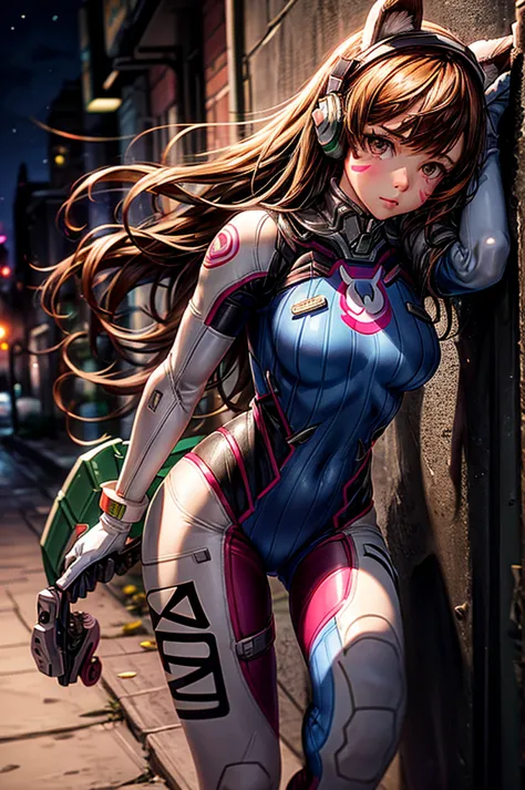 1girll, (d.va (overwatch):0.8), solo, long hair, whisker markings, tightsuit, brown hair, face markings, mitts, breasts, brown e...