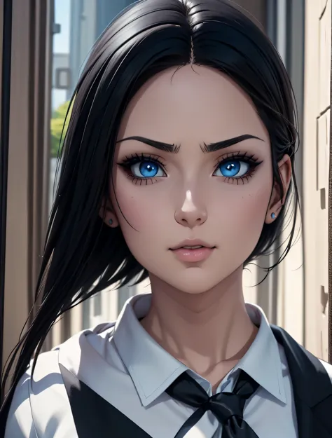 anime 1girl with blue eyes and black hair wearing a tie, realistic artstyle, realistic anime artstyle,, realistic anime 3 d styl...