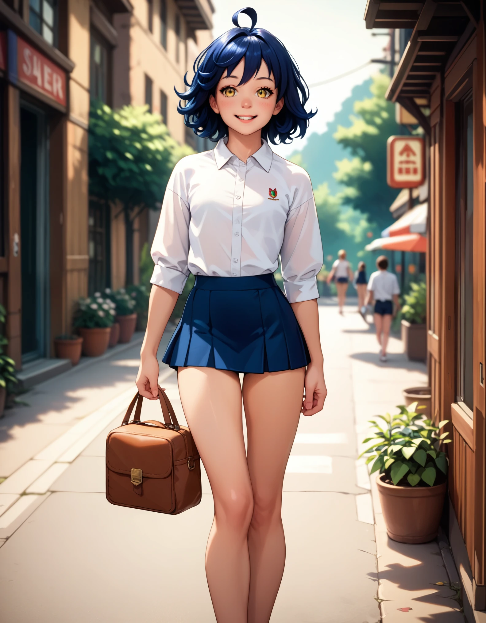 score_9, score_8_up, score_7_up, high-quality image, detailed image, 16k, young girl, zhenya, yellow eyes, dark blue hair, huge ahoge, tight micro skirt, white shirt, (SuperQuality:1.2), summer clothes, smile, (very short disheveled hair:1.1)