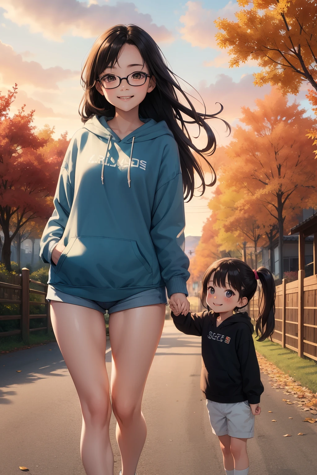 (masterpiece，Best Quality，High image quality)，Cute young mother and her little daughter，esheye Lens，Glasses， naked，Baby Face，Very short stature，Very small and flat chest，Swollen areola，Very thin limbs，Very thin thighs，Loose, An oversized hoodie will keep you warm, Long Hair，Autumn park walkway，smile，smile，fun，play，Early Autumn，At dusk，Beautiful sunset，Wide angle，Vibrant colors，watercolor，Ghibli style，Strong winds，Girl&#39;s Temptation，