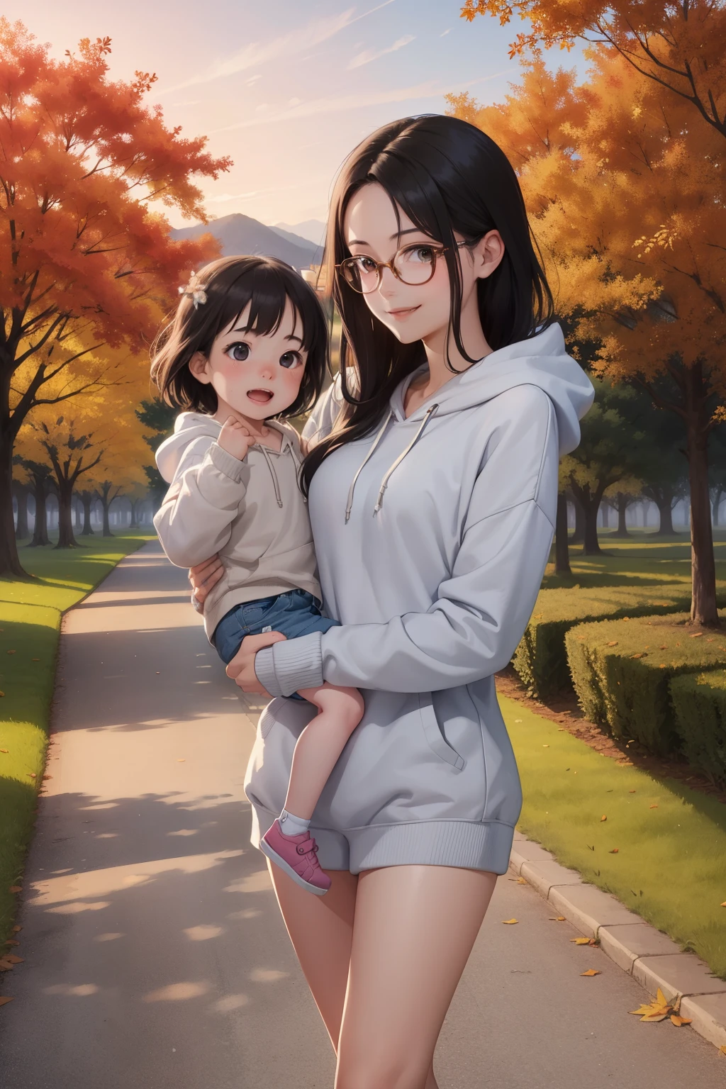 (masterpiece，Best Quality，High image quality)，Cute young mother and her adorable daughter，esheye Lens，Glasses， naked，Baby Face，Very short stature，Very small and flat chest，Swollen areola，Very thin limbs，Very thin thighs，Loose, An oversized hoodie will keep you warm, Long Hair，Tree-lined walkway in autumn park，smile，smile，fun，play，Early Autumn，At dusk，Beautiful sunset，Wide angle，Vibrant colors，watercolor，Ghibli style，Strong winds，Girl&#39;s Temptation，