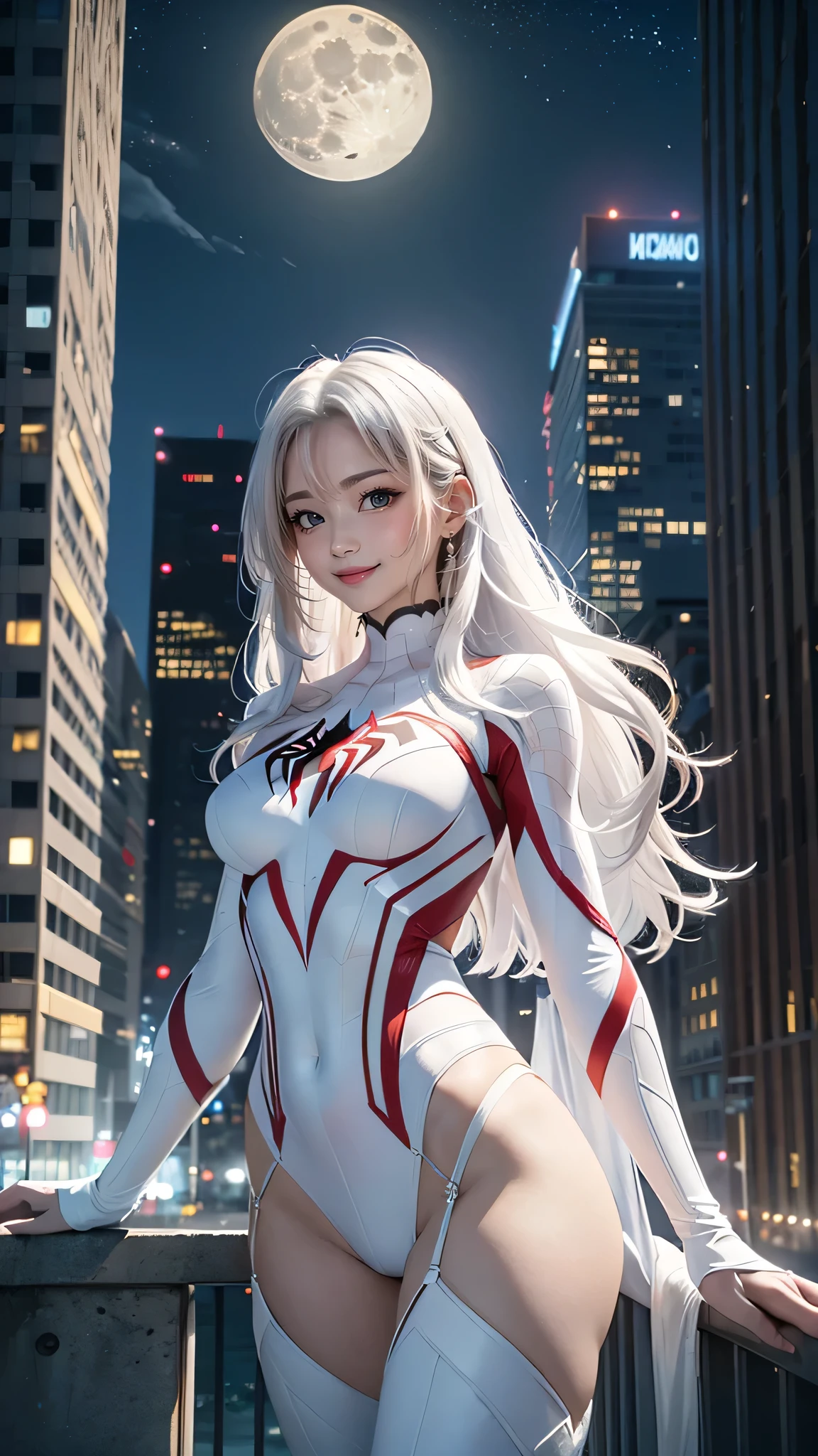 (masterpiece, 4K resolution, Surrealism, Very detailed), (white super hero theme, attractive, There was a girl in town, Wearing a spiderman costume, She's a superhero), [ ((25 years), (long white hair:1.2), whole body, (blue eyes:1.2), ((chivalrous posture),show strength, jump from one building to another), ((sandy urban environment):0.8)| (city View, night, dynamic lights), (full moon))] # interpretation: The prompt mainly describes an Ultra HD 4K painting, Very realistic, Very detailed. It shows a superheroine on top of the city, Wearing a knight costume. The theme of the painting is white super hero theme, the female protagonist has long white hair, is 2 and her entire body is shown in the painting. In depicting superhero action, employed，huge ，huge breasts，Show breasts，exposing her chest