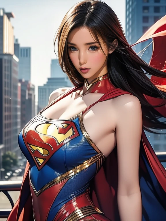 masterpiece，（Like the whole body:1.1），Slender women，Beautiful and attractive Chinese woman face，Superman&#39;s Uniform，White Stockings，High heel leather shoes， 1 Female，Narrow waist，Long legs，naked，Raised to be sexy，Big Chest，nakedの胸，Red mini skirt，