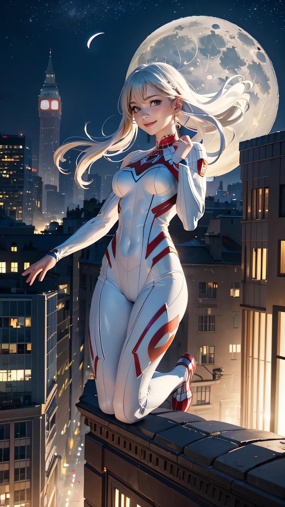 (masterpiece, 4K resolution, Surrealism, Very detailed), (white super hero theme, attractive, There was a girl in town, Wearing a spiderman costume, She's a superhero), [ ((25 years), (long white hair:1.2), whole body, (blue eyes:1.2), ((chivalrous posture),show strength, jump from one building to another), ((sandy urban environment):0.8)| (city View, night, dynamic lights), (full moon))] # interpretation: The prompt mainly describes an Ultra HD 4K painting, Very realistic, Very detailed. It shows a superheroine on top of the city, Wearing a knight costume. The theme of the painting is white super hero theme, the female protagonist has long white hair, is 2 and her entire body is shown in the painting. In depicting superhero action, employed，huge ，huge breasts，Show breasts，exposing her chest