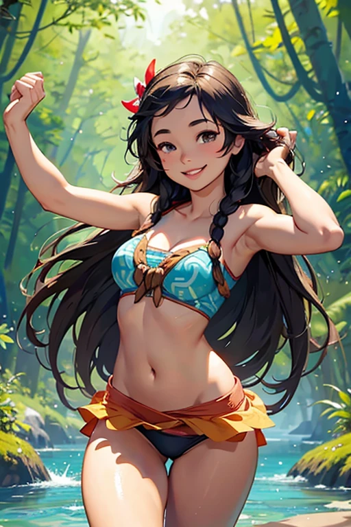 Smiling cheerful Disney's Moana with very long down loose hair down to her hips in the forest 