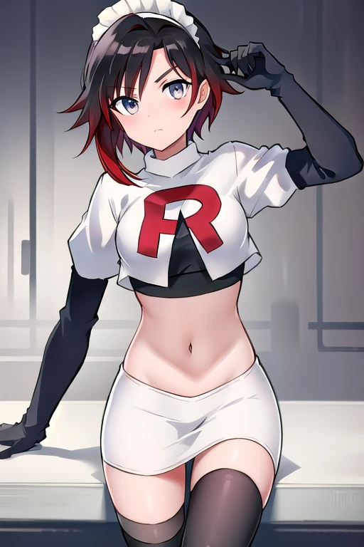 masterpiece, best quality, detailed, HD, ruby rose, 1girl, grey eyes, red hair, multicolored hair, maid headdress, team rocket,team rocket uniform,white skirt,red letter R,crop top,black thigh-highs,black elbow gloves