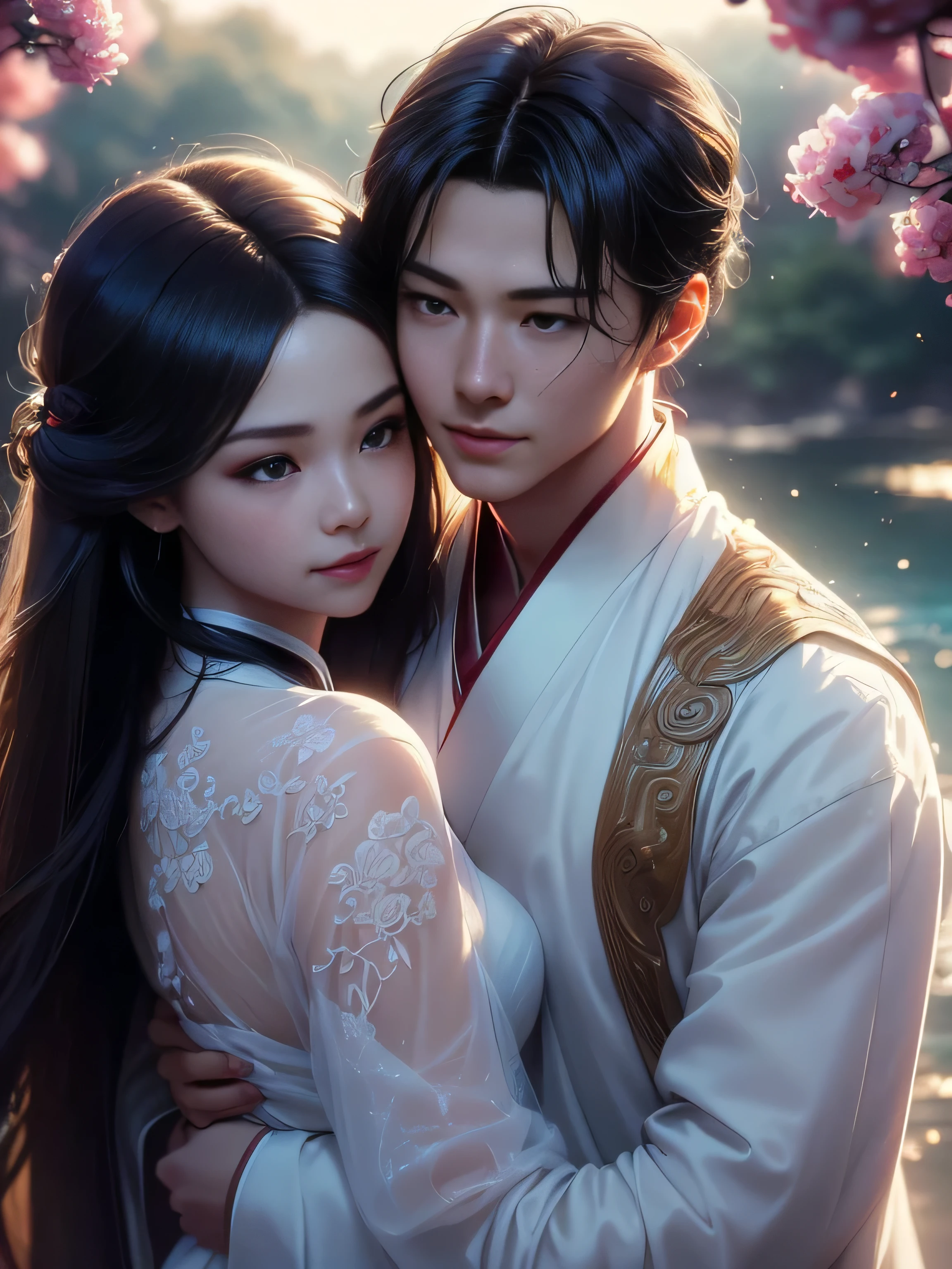 (Best Quality, Super Detail, Masterpiece, Representative Work, Official Art, Professional, Super Fine Detail, 8k:1.3), (photorealism:1.2), (Couple, Beautiful Girl and Boy), A couple in the sea of flowers, Handsome guy hugs beautiful girl from behind, Smiling and Wearing White Clothes, Delicate Hair, Ancient Chinese Beauty and Handsome Man, Wearing Ancient Chinese Clothes, Flowing Tulle, Light Silk, Create a movie poster similar to those used in Chinese romantic fantasy dramas, Perfect face, perfect hands, Sweet atmosphere, Photorealistic, Sharp Focus, Dreamy Atmosphere, Delicate Details, Soft Volumetric Light, (Backlight:1.3), (Cinematic:1.2), Intricate Details, (ArtStation:1.3)