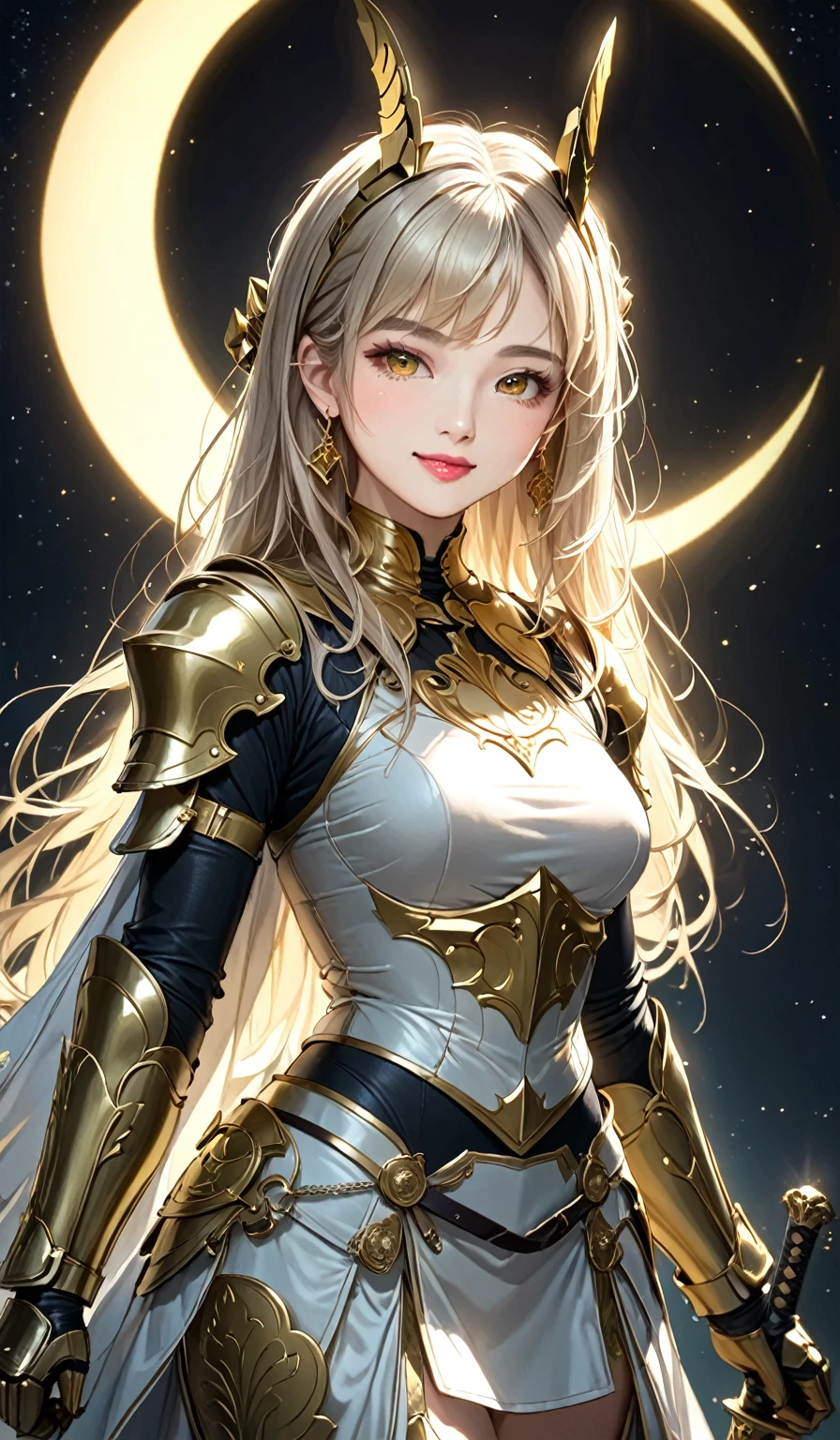 (Perfect Anatomy)、masterpiece、super high quality、 8k、masterpiece、Best Quality、Ultra-high resolution、Highest Resolution、Very detailed、Professional Lighting、woman、smile、so beautiful、Very detailedな目、Very detailedな顔、Gold earrings、blonde, Yellow Eyes、Detailed Armor Patterns、Center of chest,  compensate, Eyeliner, Eyeshadow, Pink Cheeks, Pink Lips,Glossy Lips、 Goddess Armor, Golden open mini skirt , whole body, gold, Extra long golden boots, Golden long gloves, woman格闘家, High heels, Gauntlets with golden claws, Golden cute headgear, Gold knee pads,Night view、Starry Sky、Big yellow moon、full moon、break、(((arms)))、break、(((sword)))、(((swordを構える)))、break、(((両手で地面にswordを刺す)))、Above the knee、View from the front、