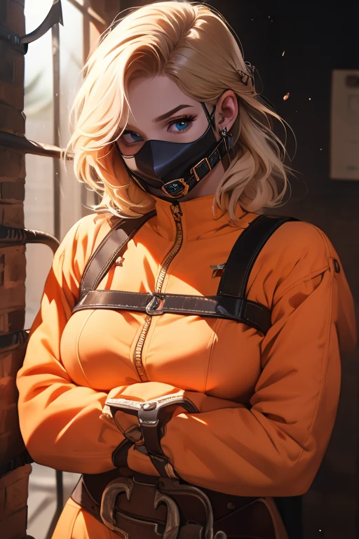 extremely detailed , orange jumpsuit, folded arms, fidden hands, hidden fingers, harness bondage, straps {belt}, prison cell, anime girl, (((Hannibal Lecturer restraint mask))), blonde hair, blue eyes, BBW