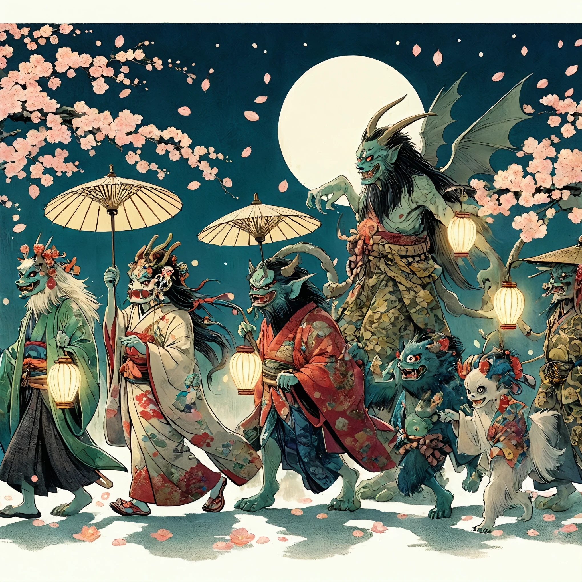 百ghost夜行、Yokai、ghost、matrix、March、Rokurokubi、People dressed in traditional Japan costumes々Group of around 50 pictures, Studio Ghibli and Mumford, Traditional Japanese concept art, Inspired by Shunkōsai Hokushū, Stitch-in style, You look stylish, Victor Ngai! CMYK palette, Inspired by Ryukosai Jokei