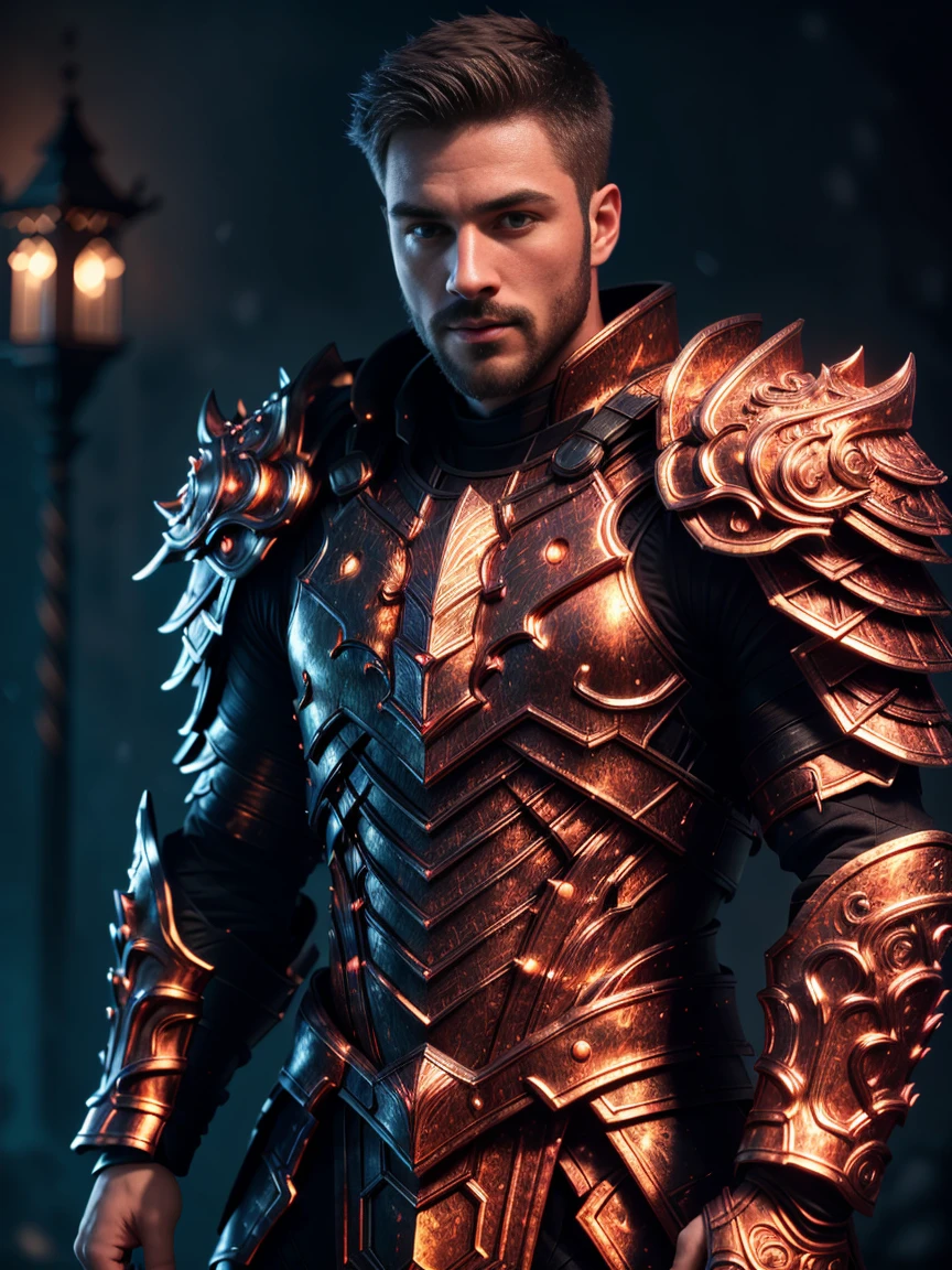 1man, A shot of a charismatic male fitness model, 30 years old，small beard, Sexy and charming expression，gloomy eyes，Blue eyes, captured in a castle, emb3r4rmor, wearing a embers spartan armor, dynamic pose, night lighting, cinematic and moody, (best quality,4k,8k,highres,masterpiece:1.2),ultra-detailed,(realistic,photorealistic,photo-realistic:1.37),HDR,studio lighting,professional,vivid colors,dramatic lighting