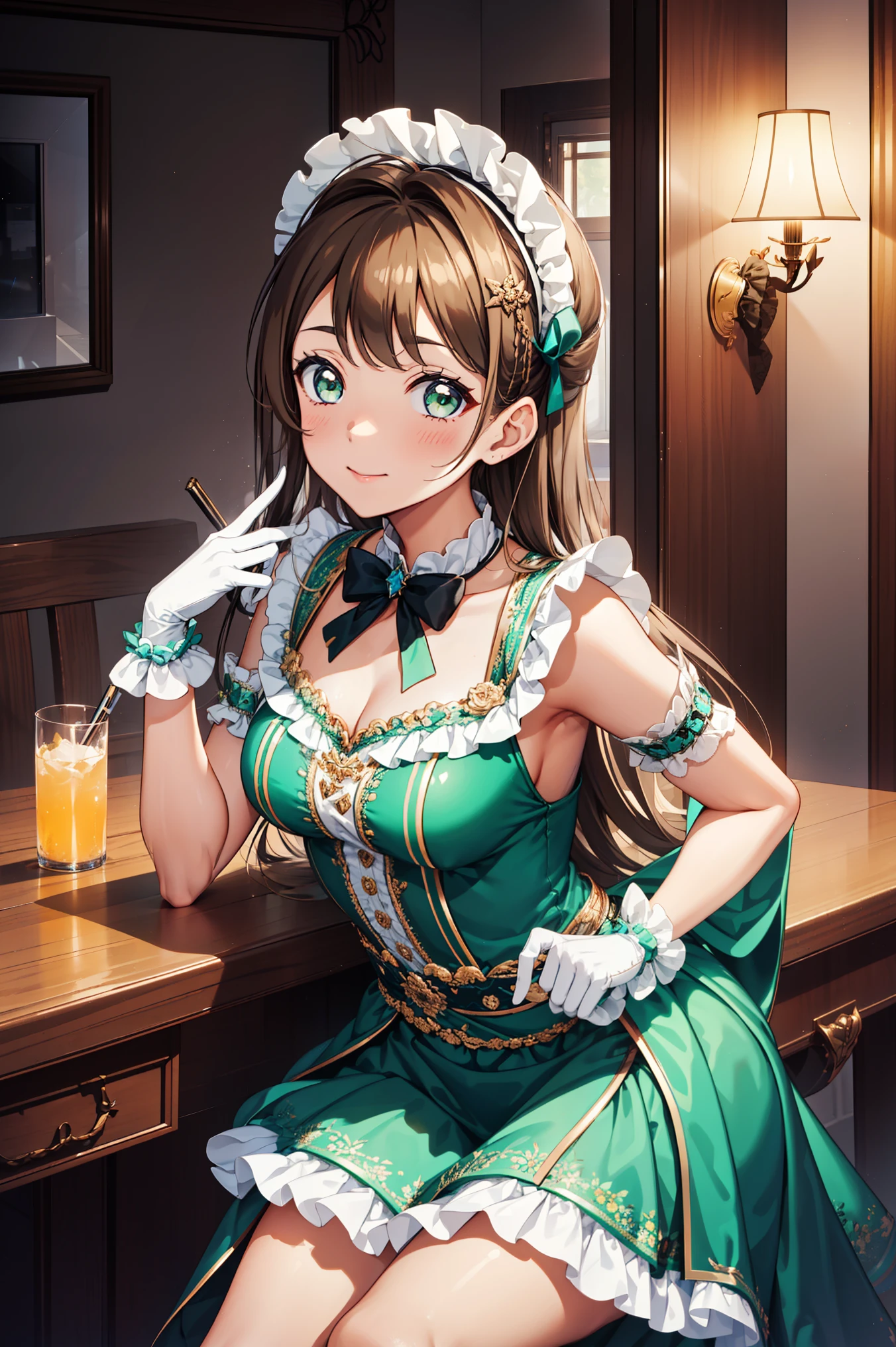 Teenage Girl，Attractions，have fun，in love，(wear着白色现代创新女仆装，wear)，(White ruffle gloves)，Green eyes，Brown hair，Sacred headdress，Transparent lace，frill，ribbon，wear着漂亮，Solitary，dining room，drinks，Dark，Beautiful face，