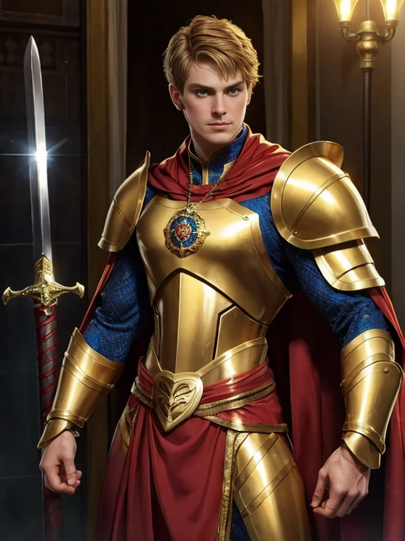 top quality, masterpiece, Ultra high resolution, original photo, 1 guy with a sword in his hand and a shield in the other hand , slim body , волнистые medium hair , Cinematic Lighting, medium hair, detailed eyes, wind, Necklace, metal golden armor , ironic outfit , golden armor, red cape , perfect waist , great chest and arm muscles , gold armor on naked body, prince&#39;s helmet , glowing golden armor and weapons in hands , Realistic , In a palace, starry night , cinematic pose, in action .