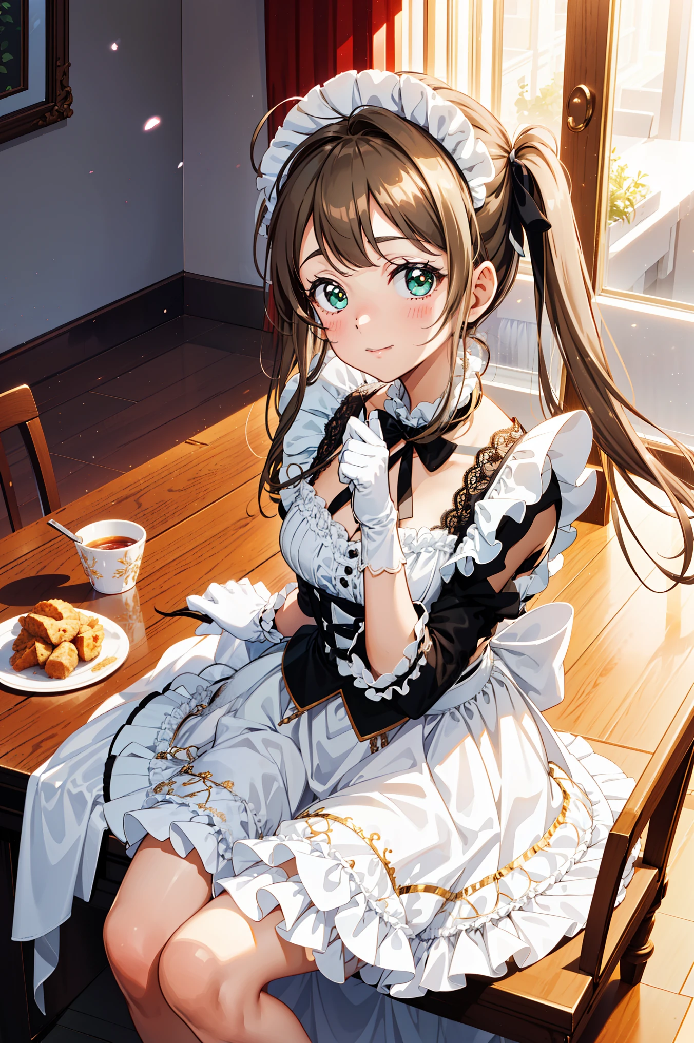 Teenage Girl，Attractions，have fun，in love，(Wearing a white modern innovative maid outfit with a small amount of underwear)，(White ruffle gloves)，Green eyes，Brown hair，Sacred headdress，Transparent lace，frill，ribbon，Dress nicely，Solitary，dining room，drinks，Dark，Beautiful face，