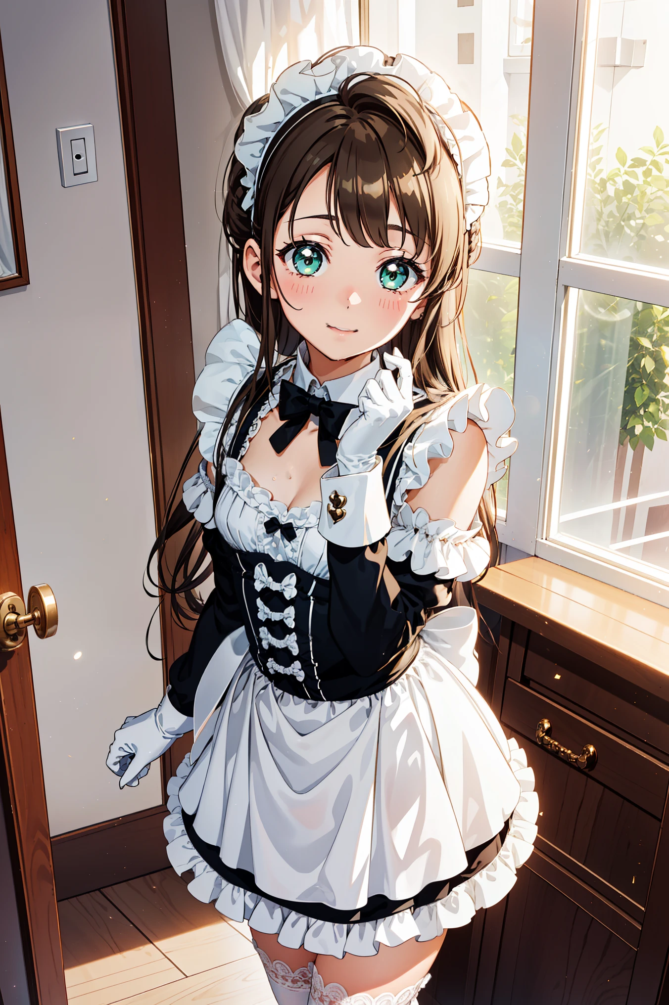 Teenage Girl，Attractions，have fun，in love，(Wearing a white modern innovative maid outfit with a small amount of underwear)，(White ruffle gloves)，Green eyes，Brown hair，Sacred headdress，Transparent lace，frill，ribbon，Dress nicely，Solitary，bathroom，water，Dark，Beautiful face，Wet person