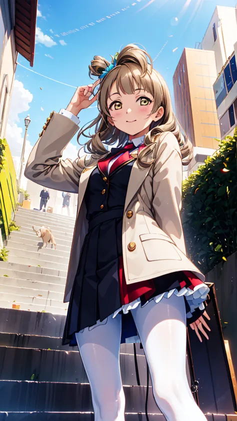 masterpiece,  minami kotori, very curly hair,  very tiny miniskirt,  blue pantyhose crotch,  candid upskirt,  shoes,  sun shiny ...