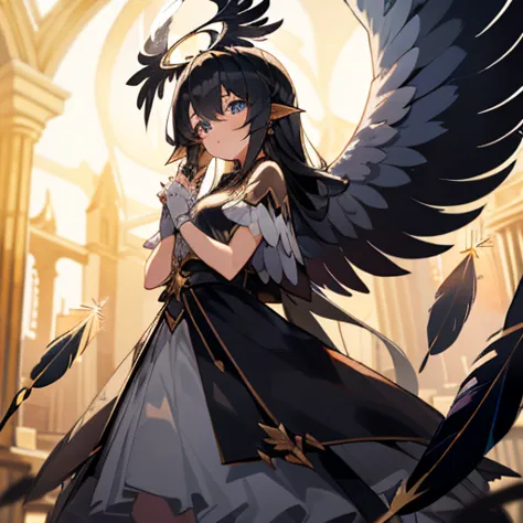 1 girl, girl, angel girl, black angel, ((black angel feather wing: 1.5)), black feather dress, ((angel ring)), black hair, long ...