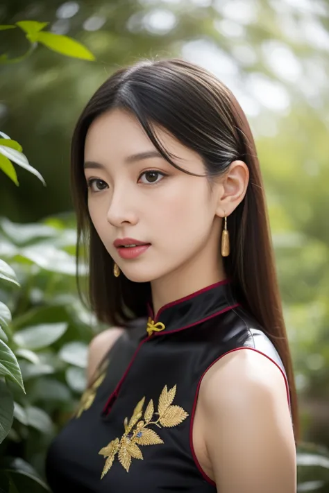 a beautiful woman in a cheongsam。she was wearing a red cheongsam，the cheongsam is embroidered with golden patterns，like a bloomi...