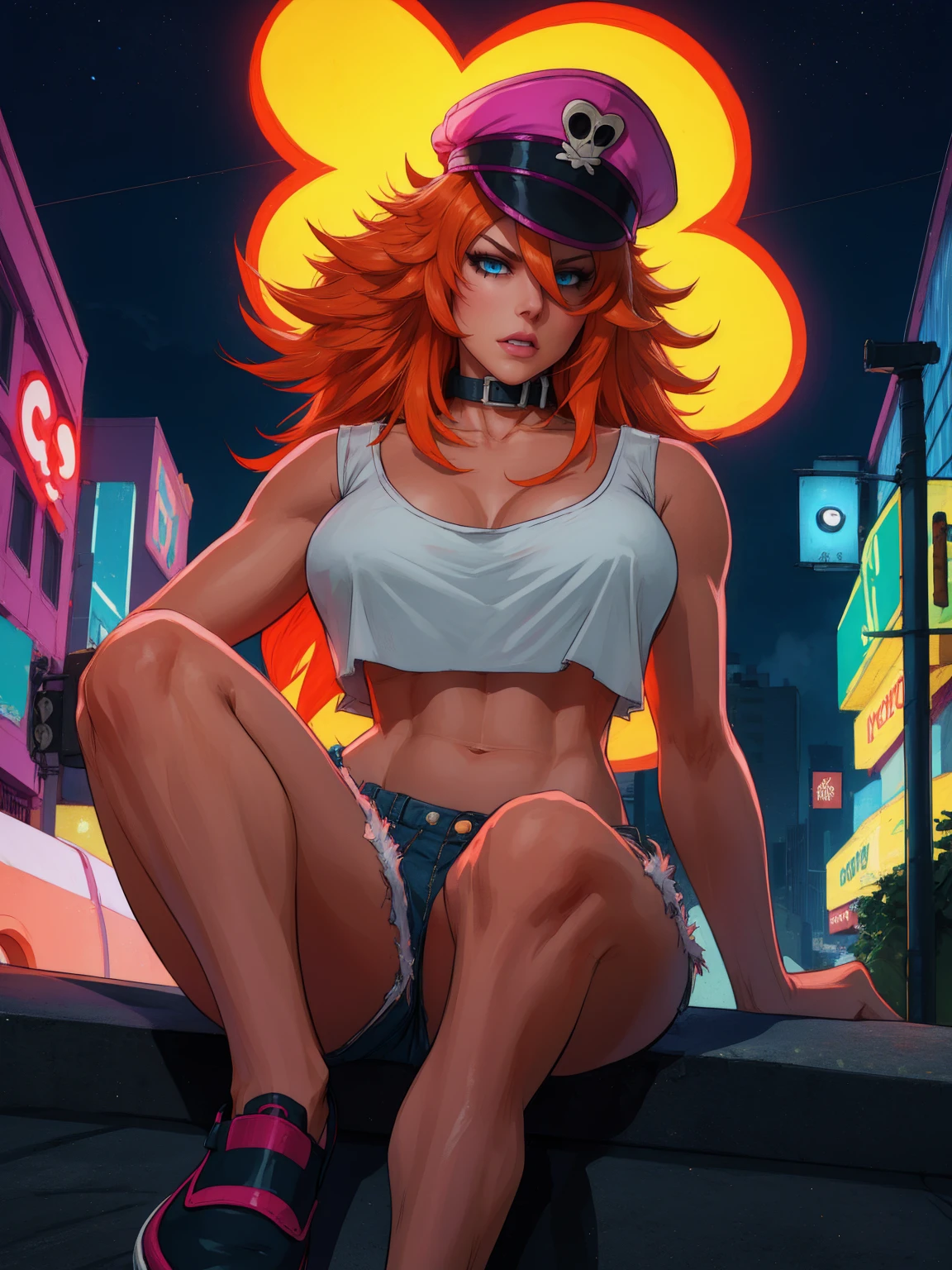 roxy,orange hair,blue eyes,long hair,white crop top,collar,short shorts, peaked cap, upper body,walking, nice shoes,looking at viewer, night,neon lights,streets, (insanely detailed, masterpiece, best quality),solo, sitting on car