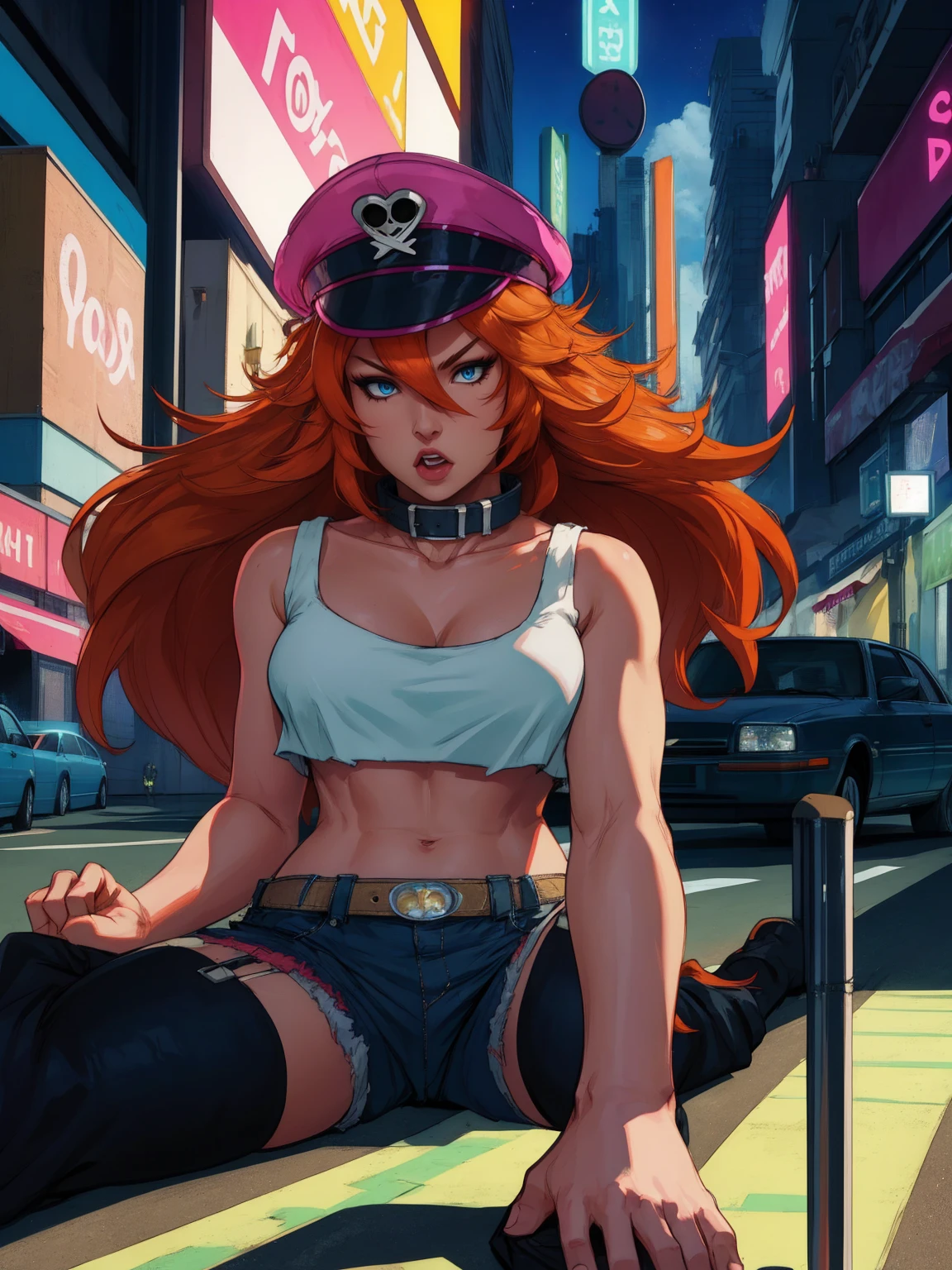 roxy,orange hair,blue eyes,long hair,white crop top,collar,short shorts, peaked cap, upper body,walking, nice shoes,looking at viewer, night,neon lights,streets, (insanely detailed, masterpiece, best quality),solo, sitting on car