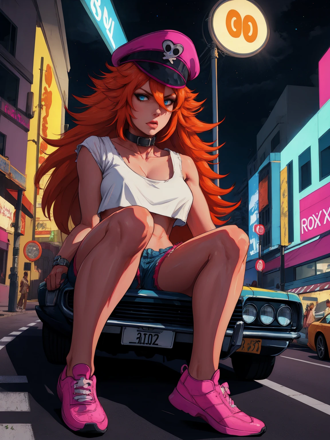 roxy,orange hair,blue eyes,long hair,white crop top,collar,short shorts, peaked cap, upper body,walking, nice shoes,looking at viewer, night,neon lights,streets, (insanely detailed, masterpiece, best quality),solo, sitting on car