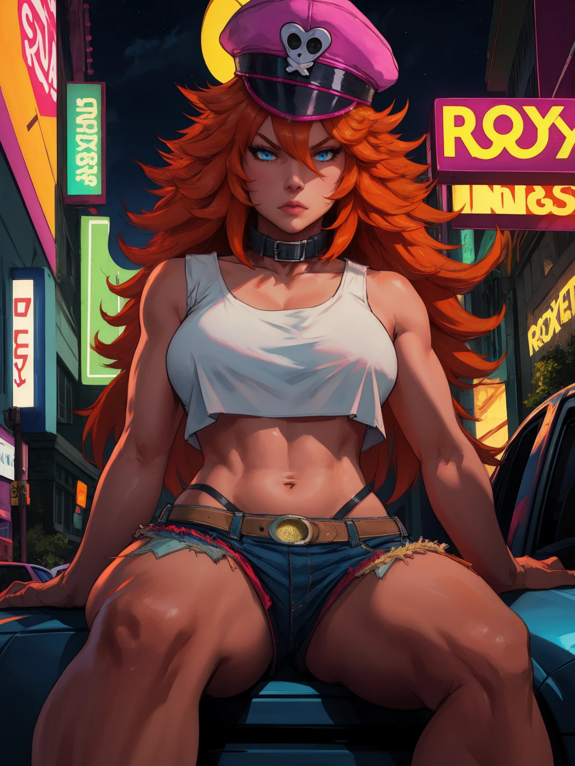 roxy,orange hair,blue eyes,long hair,white crop top,collar,short shorts, peaked cap, upper body,walking, nice shoes,looking at viewer, night,neon lights,streets, (insanely detailed, masterpiece, best quality),solo, sitting on car