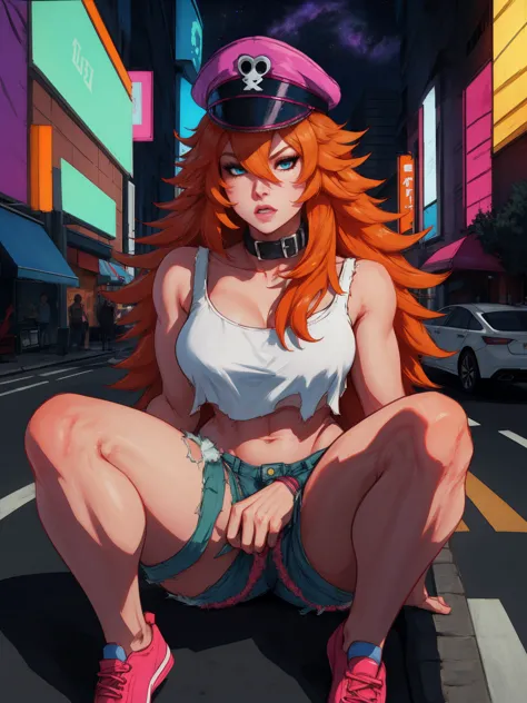 roxy,orange hair,blue eyes,long hair,white crop top,collar,short shorts, peaked cap, upper body,walking, nice shoes,looking at v...